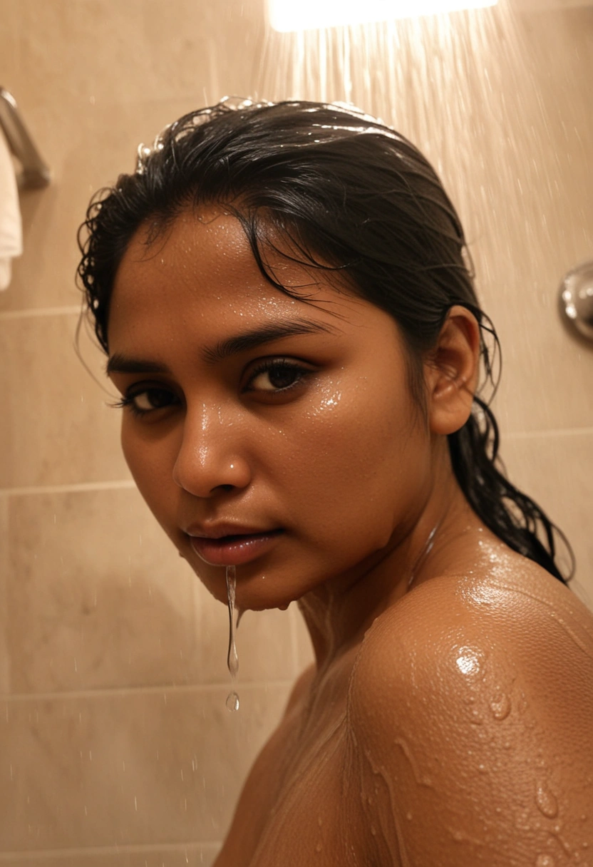 Nisha's steamy bathroom shower leaves her skin glistening in Chennai