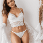 Playful fashion contrast of innocence and naughtiness in a lace outfit.