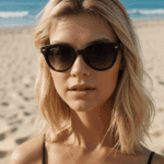 Effortlessly elegant blonde, sporting sunglasses, enjoying a tranquil moment on the sandy beach.