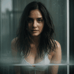 Close-up of a brunette with wet hair pressed against foggy glass, creating a mesmerizing visual with an air of mystery.