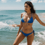 Coastal fashion goddess in a tiny bikini, embodying the carefree spirit of summer by the sea.