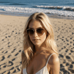 Captivating image of a blonde woman, exuding elegance with sunglasses and a sandy beach backdrop.