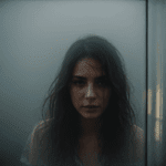Artistic depiction of a wet brunette against foggy glass, offering a captivating blend of beauty and mystery.