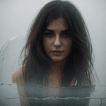 A visually stunning portrayal of a wet-haired brunette leaning against foggy glass, highlighting beauty and intrigue.
