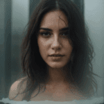 A striking image of a wet brunette against a foggy glass, capturing the essence of mystery and allure in a captivating scene.