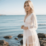 A captivating blonde in a white dress stands by the shoreline, embodying grace and elegance against the sea's gentle waves.