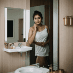 Cultural beauty expressed through an Indian girl's captivating bathroom mirror reflection.