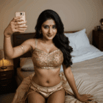 A desi wife confidently poses for a bold selfie in her bedroom, capturing a stunning moment of self-expression and beauty.