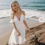 An elegant blonde in a see-through white dress is caught in a serene moment by the seaside, exuding timeless charm.