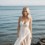 A fashionable blonde showcases a see-through dress on the shore, blending style with the natural beauty of the ocean.