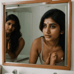 An Indian girl confidently exploring her reflection in the bathroom mirror, embracing her beauty and identity.