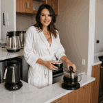 Glamorous MILF, short robe, and coffee: a morning of style.
