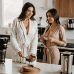 No bra, short robe, and coffee: a modern MILF's morning ritual.