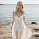 A beautiful blonde stands gracefully on the beach in a see-through dress, with the ocean as a breathtaking backdrop.